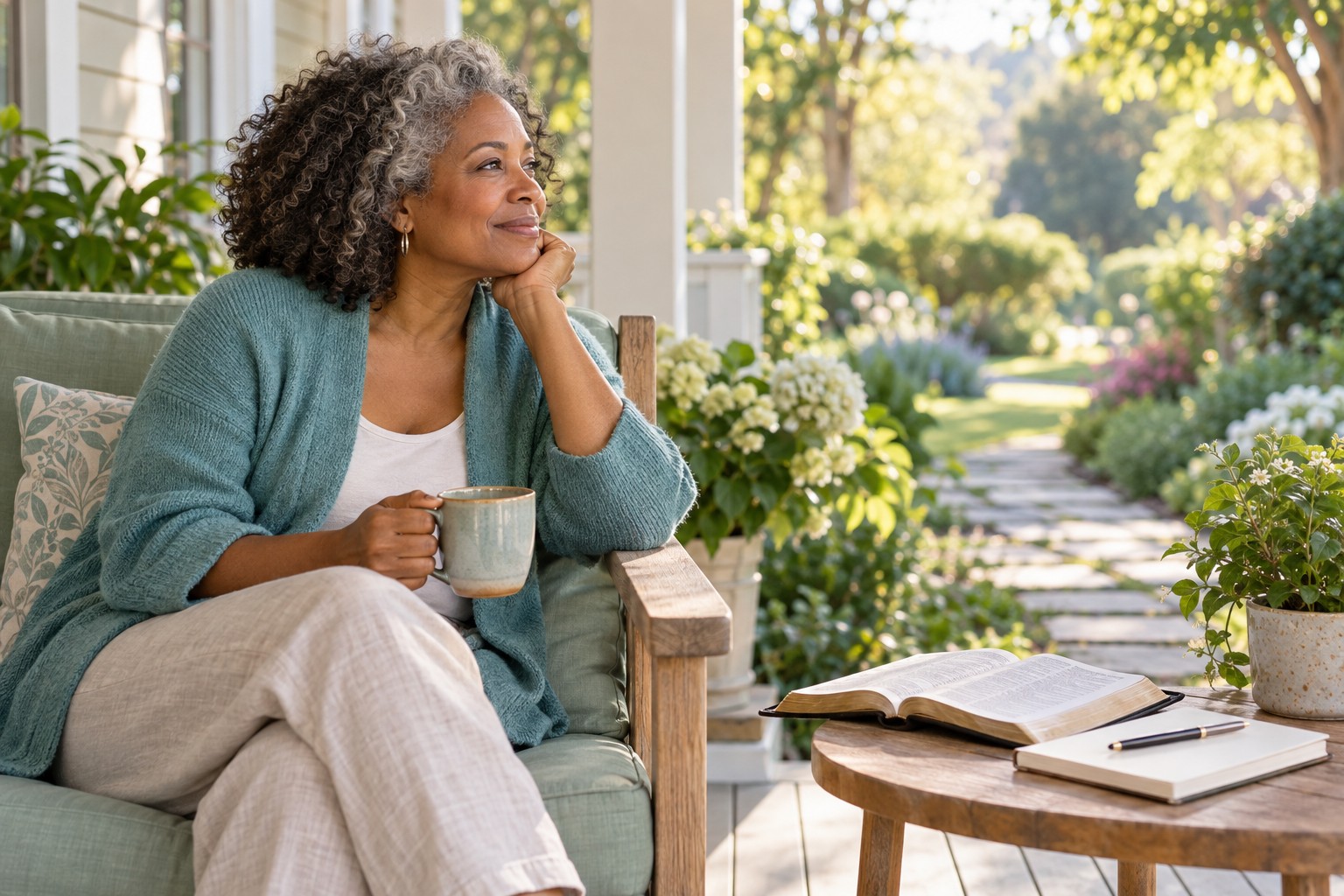 Woman sitting on a porch with a mug, looking toward a sunlit garden, with an open book on the table.